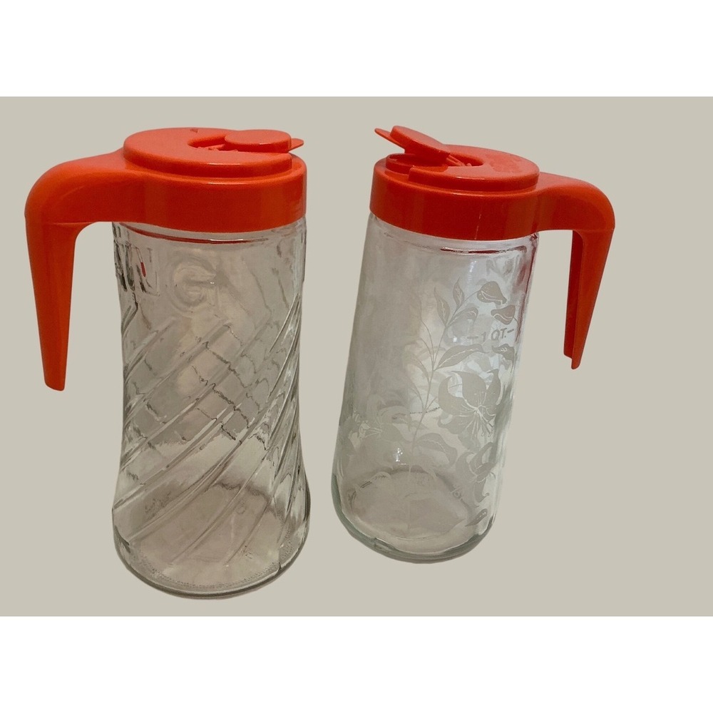Tang Vintage Glass Juice Pitcher Set 2 Orange Lid Swirl Floral 1 Quart Retro